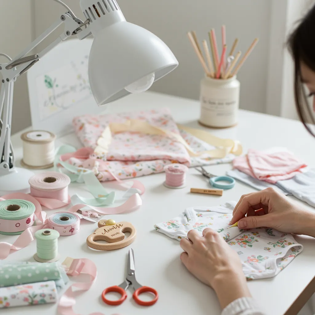 imagen1 "Espacio de trabajo luminoso y detallado de 'El Rincón de Mila', con una mesa blanca llena de telas pastel y una artesana bordando un body de bebé, destacando la personalización y el trabajo artesanal."