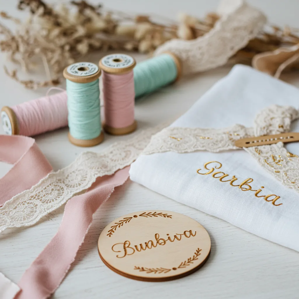 imagen5 1 "Fotografía de mercería y artículos personalizados para bebés en una mesa blanca rústica, con hilos pastel, encajes delicados y una manta bordada, todo en un ambiente elegante y luminoso."