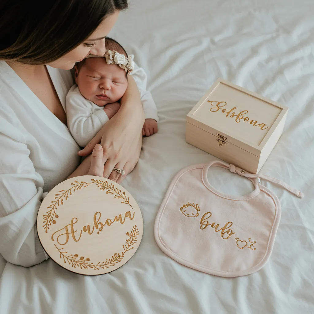 imagen5 "Madre sosteniendo a su recién nacido junto a productos personalizados de corte láser y bordado, como una placa de madera con el nombre del bebé, un babero bordado y una caja de recuerdos, todo en un entorno elegante y acogedor."